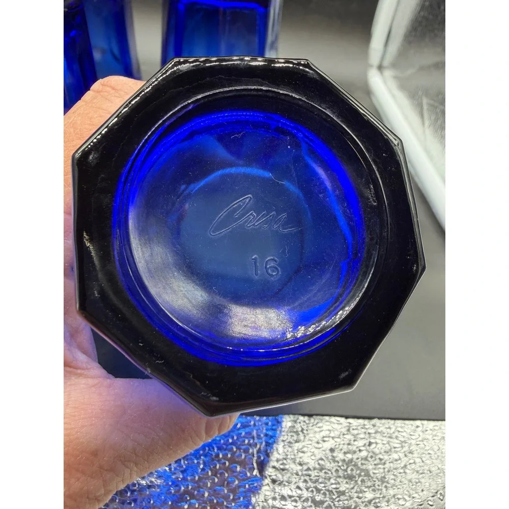 Crisa Cobalt Blue Glass Tumblers Set of 4 Octagonal Base Drinking Glasses 5.5in